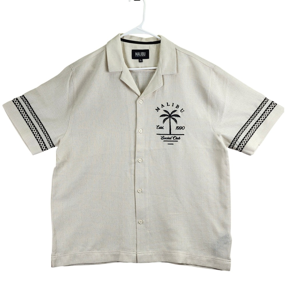 Malibu Drill Clothing Co Social Club Shirt Mens XL Cream Palm Tree Camp‎ Collar